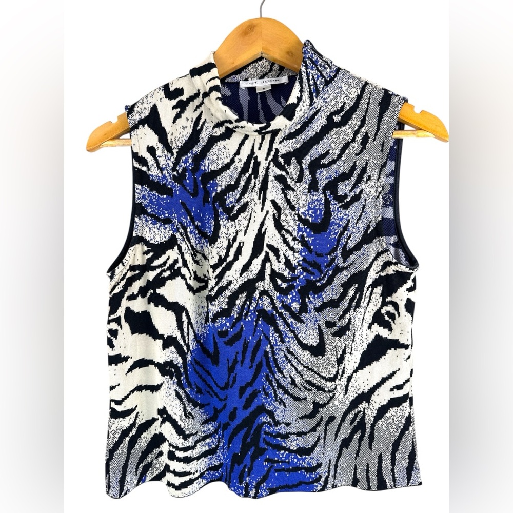 St. John Vintage Zebra Animal Print Knit Tank Top Mock Neck Sleeveless Sz Small